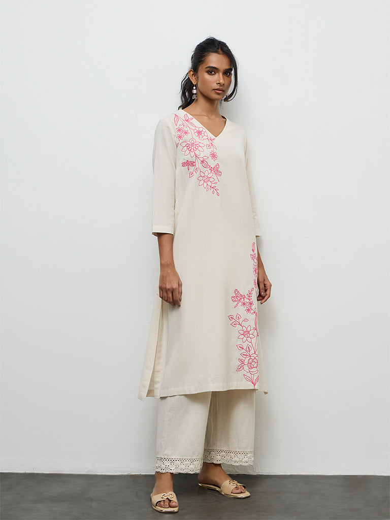 Utsa Off-White Floral Embroidered Cotton-Blend A-Line Kurta