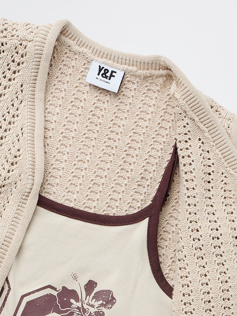 Y&F Kids Girls Beige Printed Cotton Top