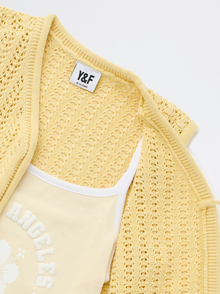Y&F Kids Girls Yellow Crochet-Knit Cotton Top with Camisole