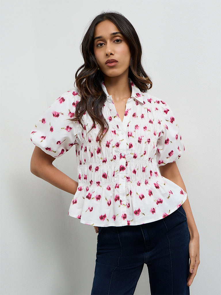 LOV White Printed Smocked Cotton Blouse