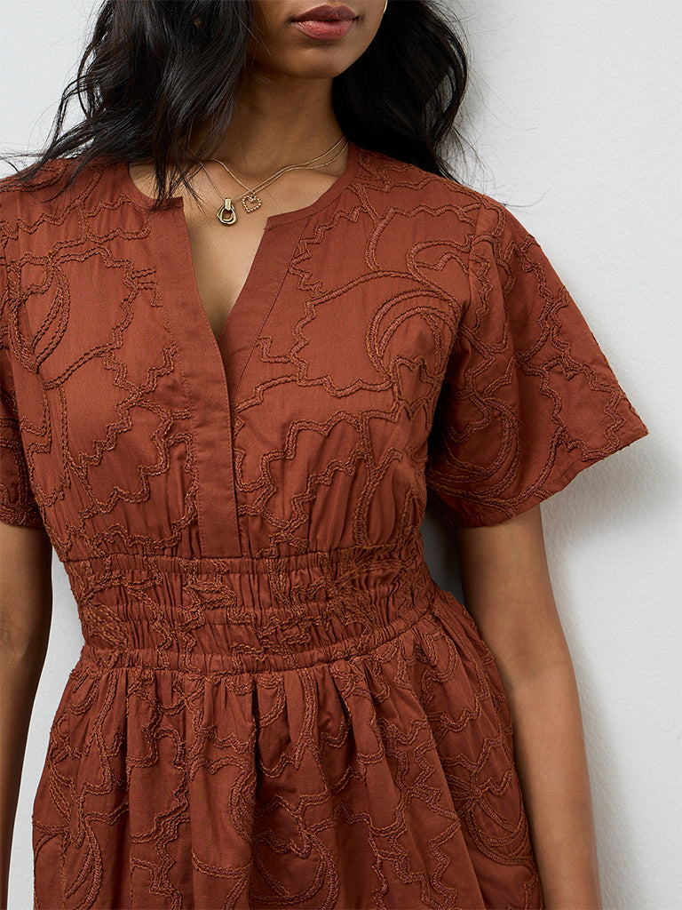 LOV Brown Embroidered A-Line Dress