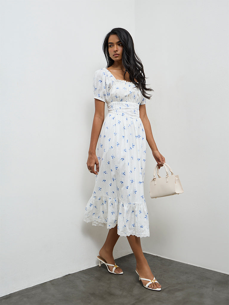 LOV White Floral Printed A-Line Cotton Dress
