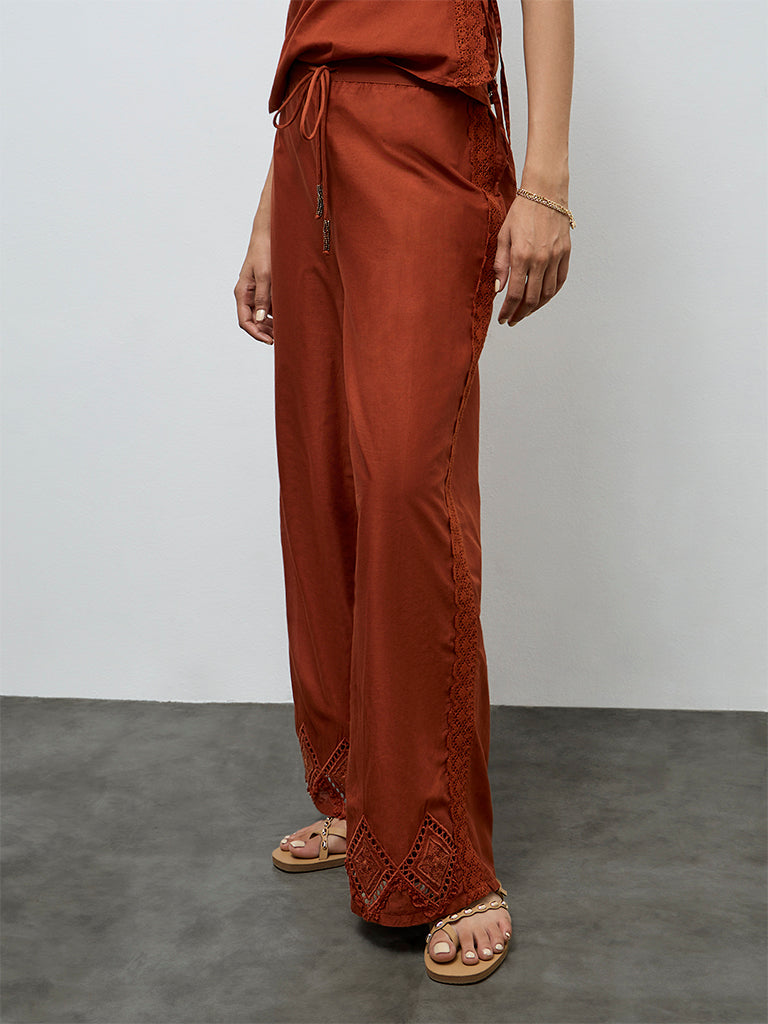LOV Rust Embroidered High-Rise Cotton Pants