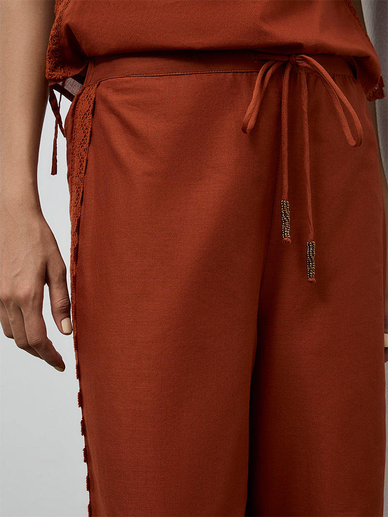 LOV Rust Embroidered High-Rise Cotton Pants