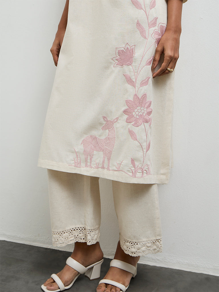 Utsa Off-White Floral Embroidered A-Line Cotton-Blend Kurta
