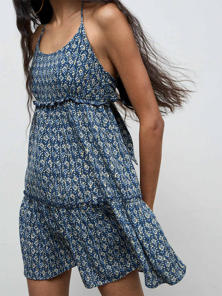 Nuon Navy Printed A-Line Dress