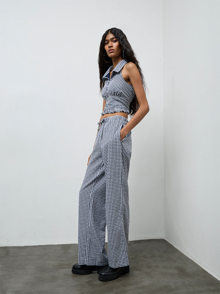 Nuon Navy Checks Printed High-Rise Pants