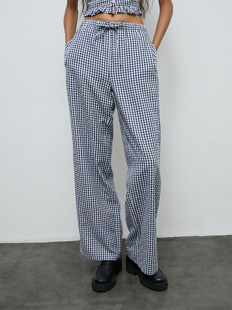 Nuon Navy Checks Printed High-Rise Pants
