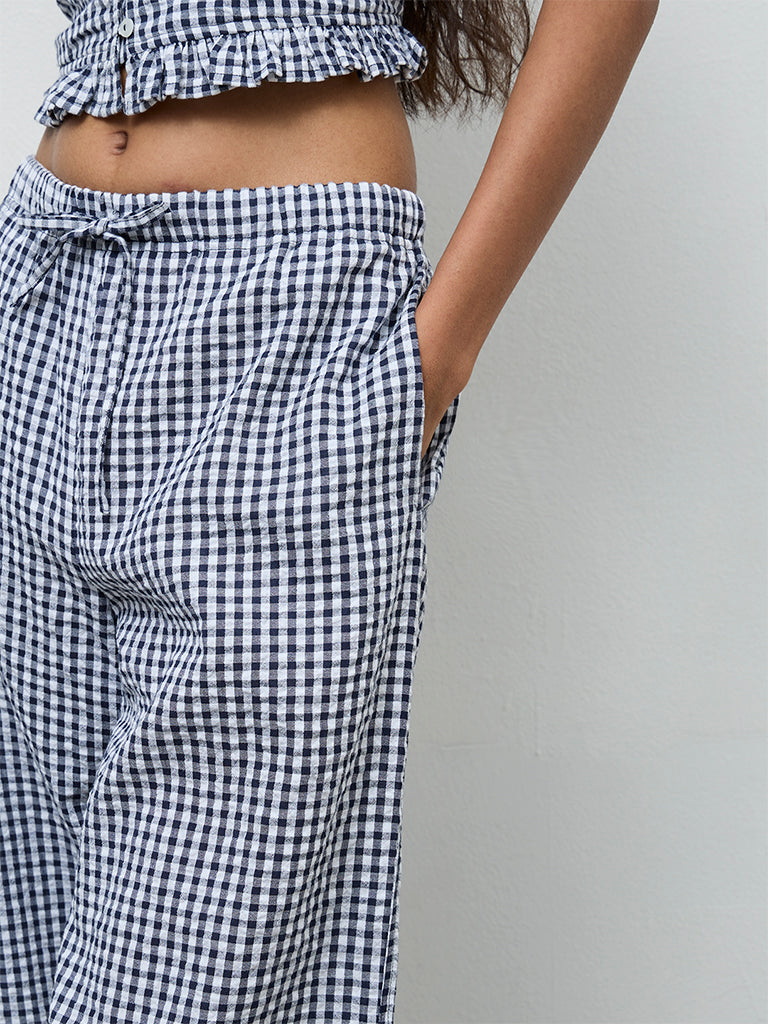 Nuon Navy Checks Printed High-Rise Pants