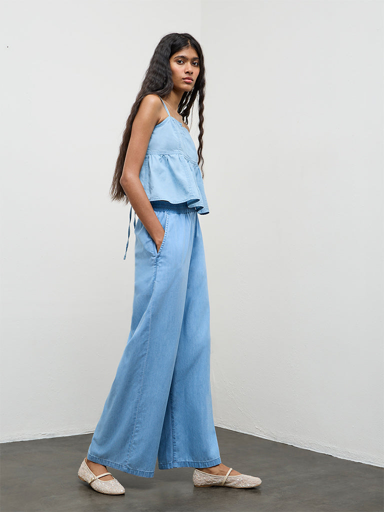 Nuon Blue Solid High-Rise Cotton-Blend Pants