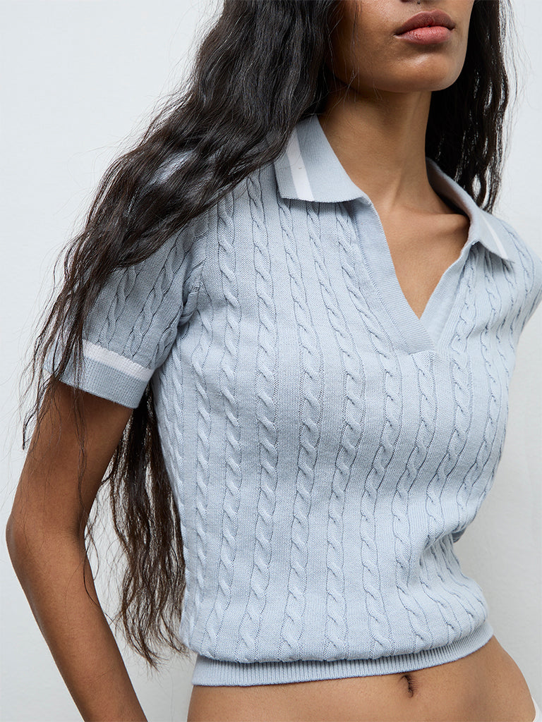 Nuon Light Blue Cable-Knit Cotton T-Shirt