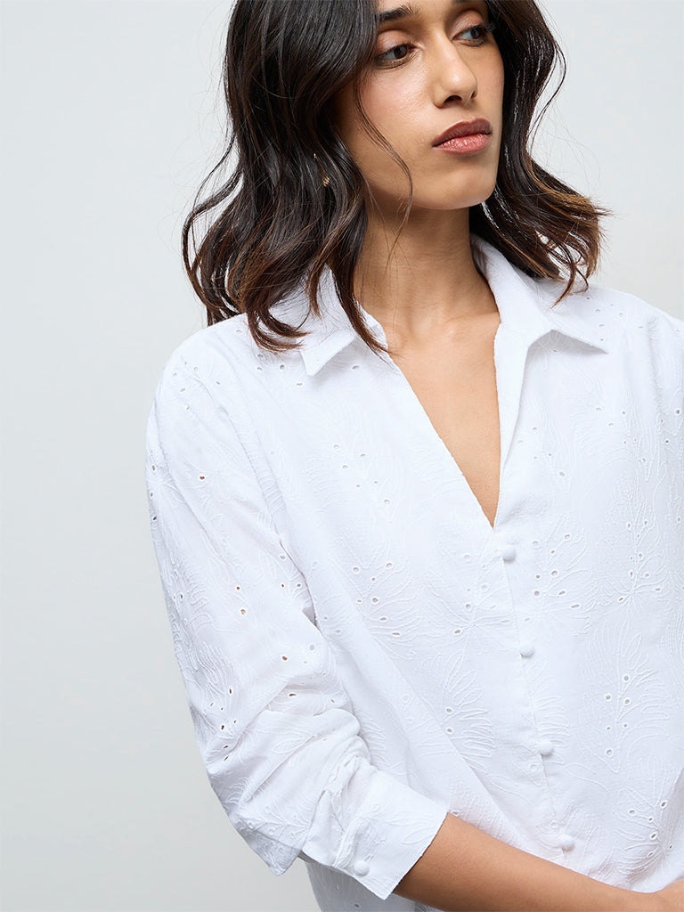 LOV White Schiffli Embroidered Cotton Shirt