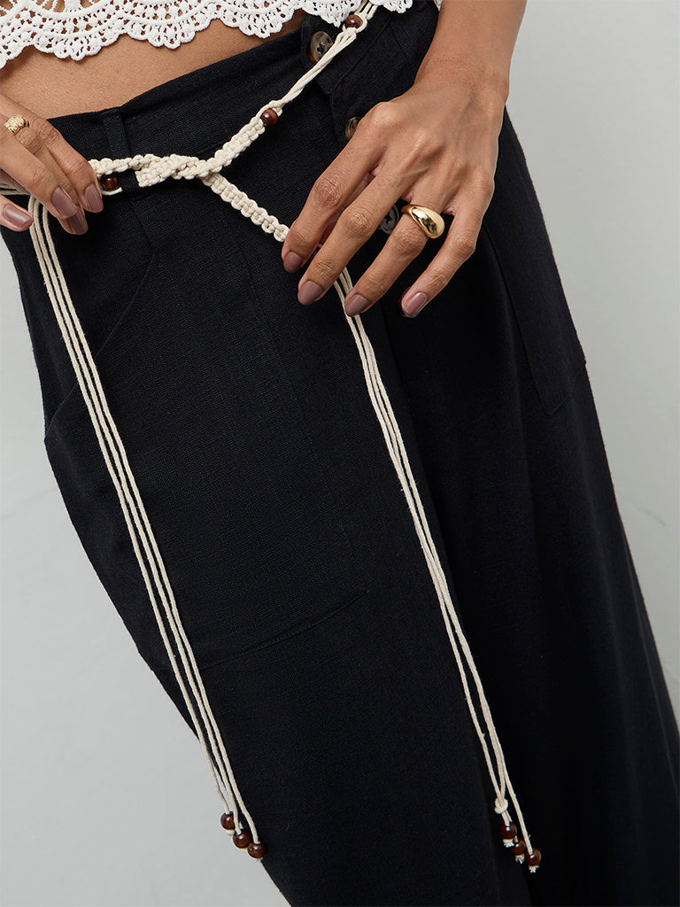 LOV Black High-Rise Linen Trousers with Belt