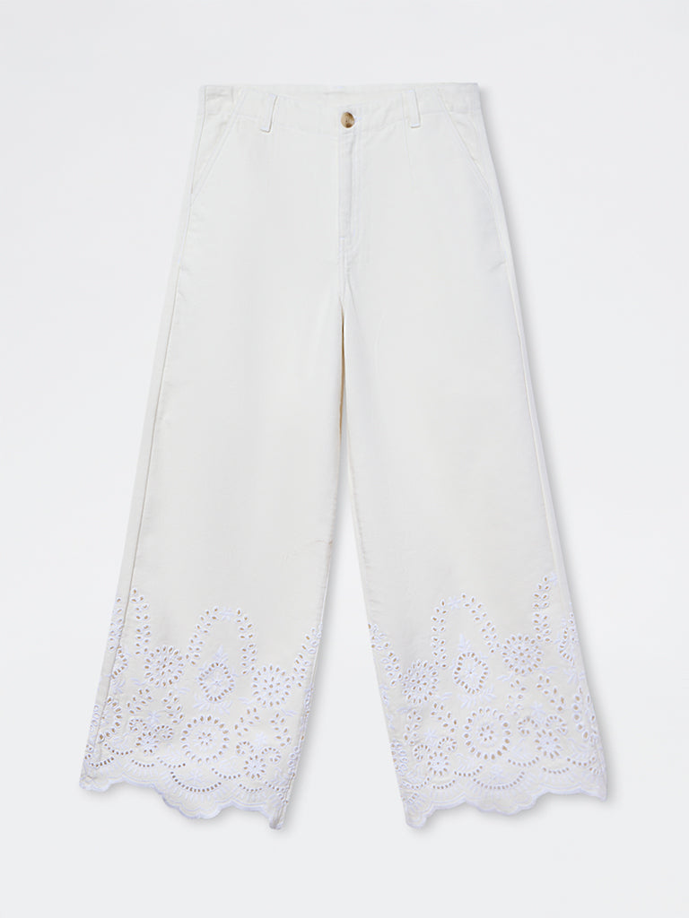 LOV Off-White Schiffli Embroidered High-Rise Pants