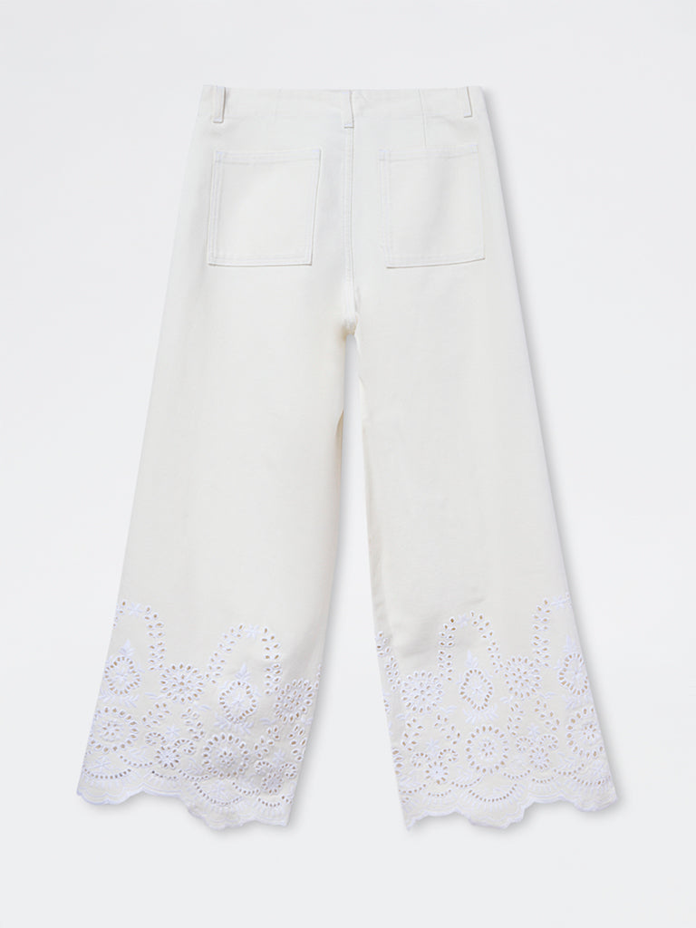 LOV Off-White Schiffli Embroidered High-Rise Pants