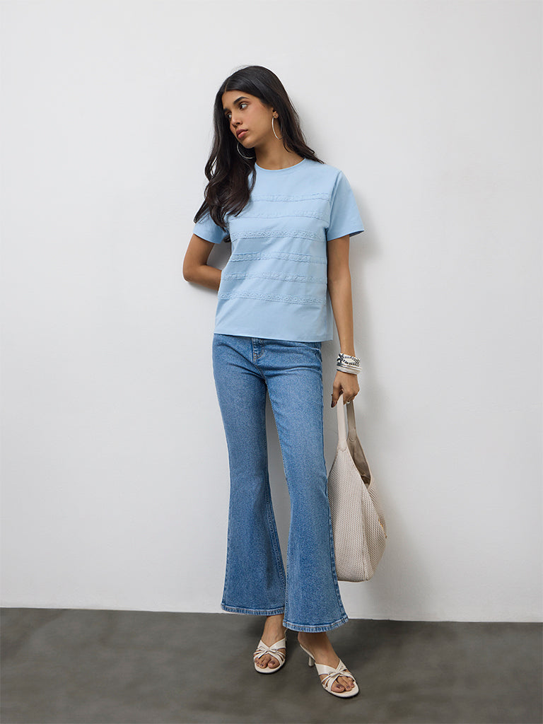 LOV Blue Lace Embroidered Cotton-Blend T-Shirt