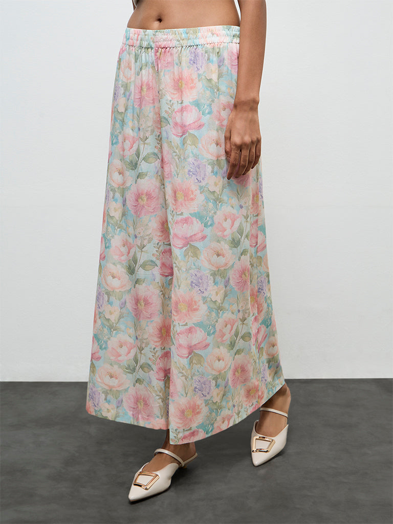 Zuba Aqua Floral Printed Palazzos