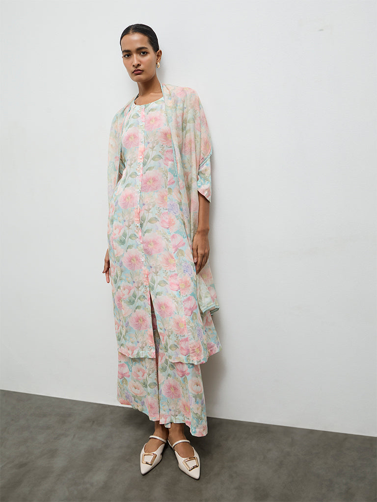 Zuba Aqua Floral Printed Palazzos