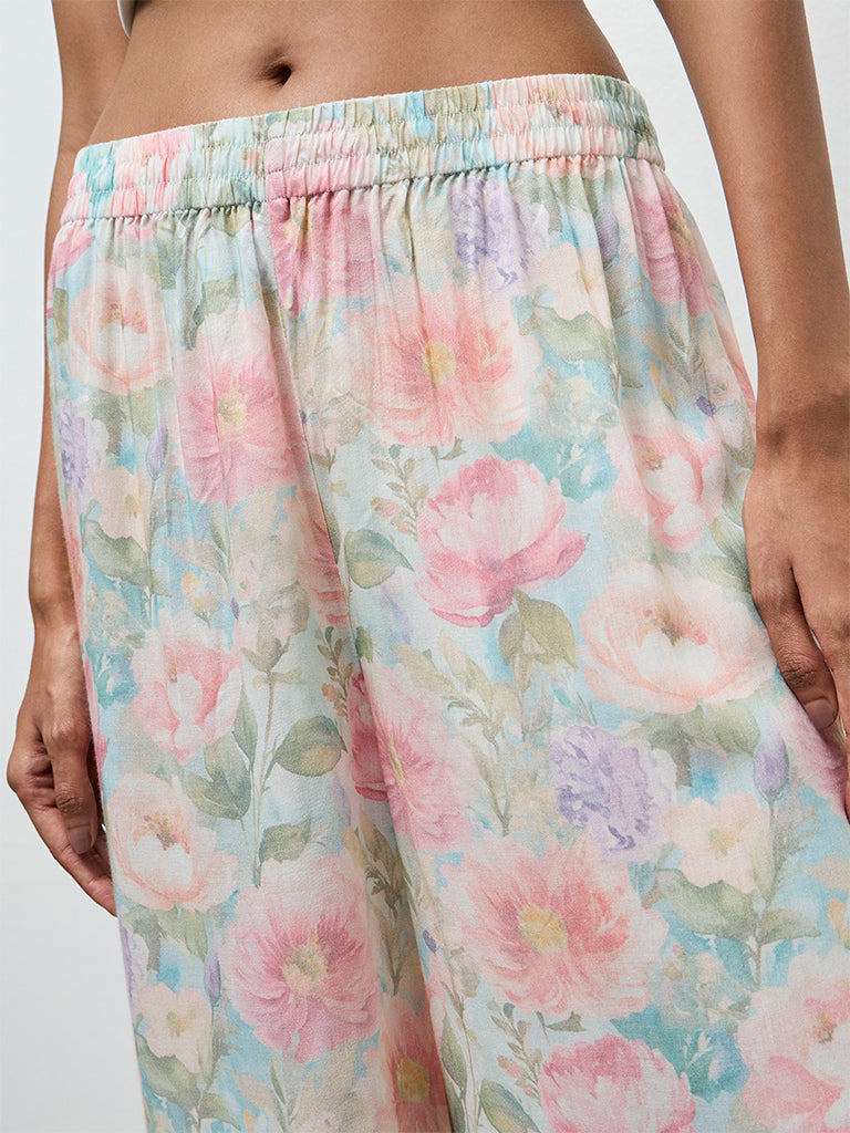Zuba Aqua Floral Printed Palazzos