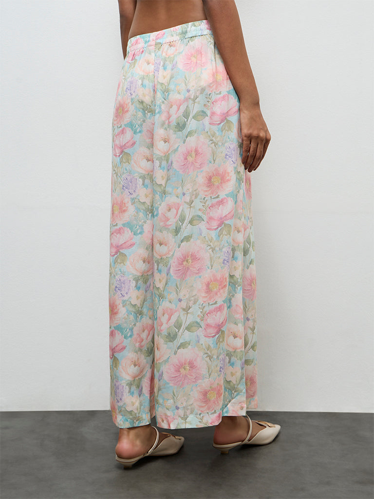 Zuba Aqua Floral Printed Palazzos