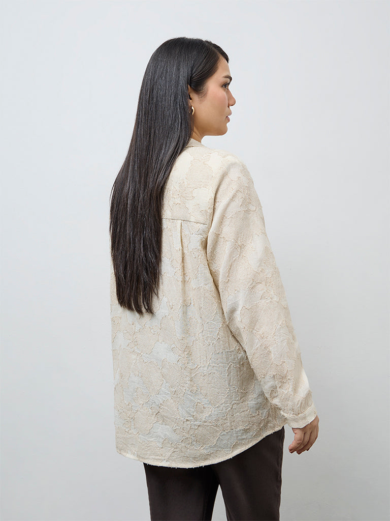 Gia Beige Floral Embroidered Cotton Shirt