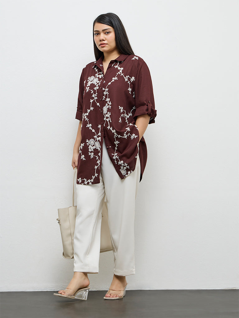 Gia Dark Brown Floral Embroidered Shirt