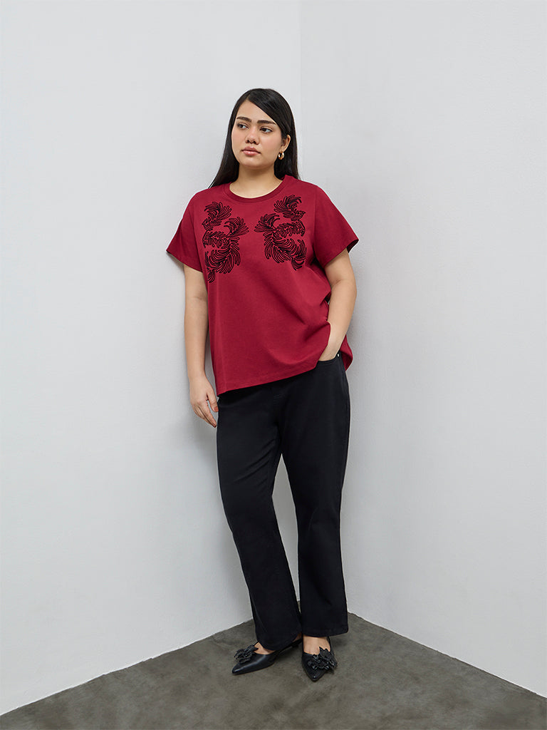 Gia Red Embroidered Cotton T-Shirt