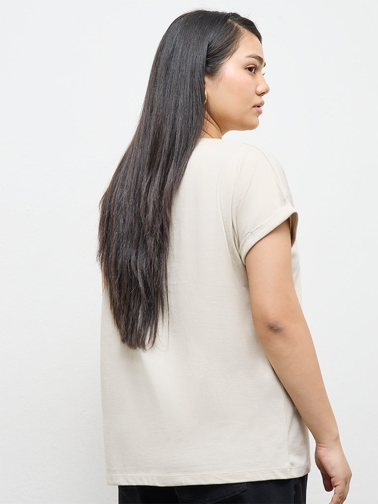 Gia Beige Botanical Printed Cotton T-Shirt