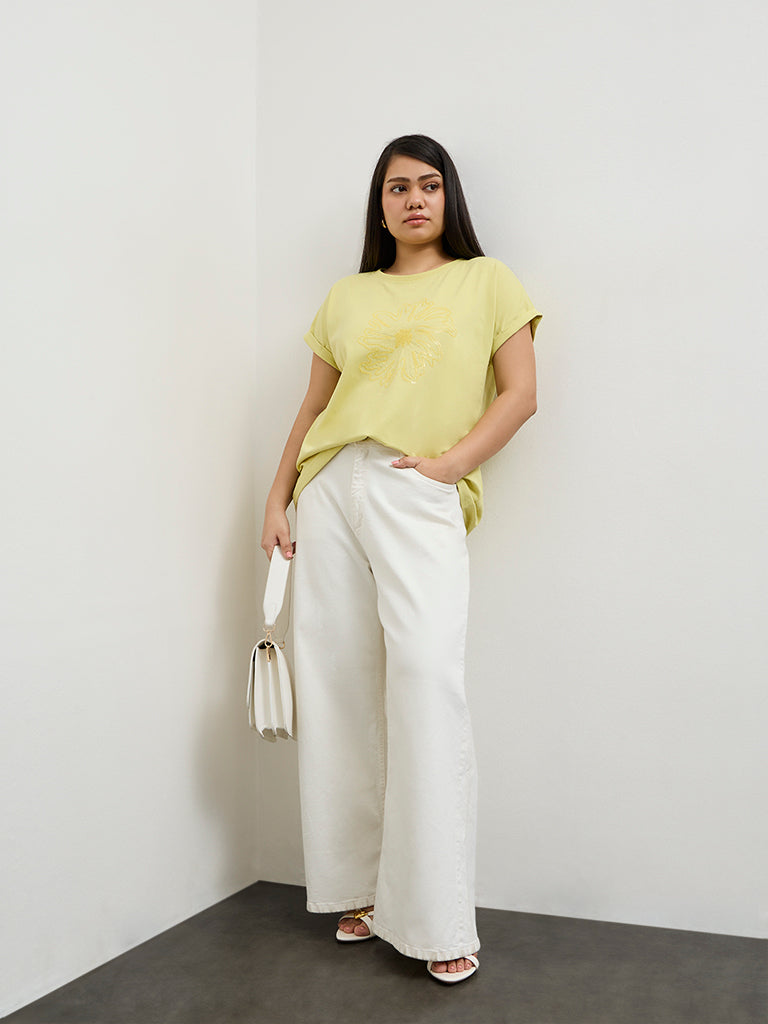 Gia Light Yellow Embellished Cotton T-Shirt