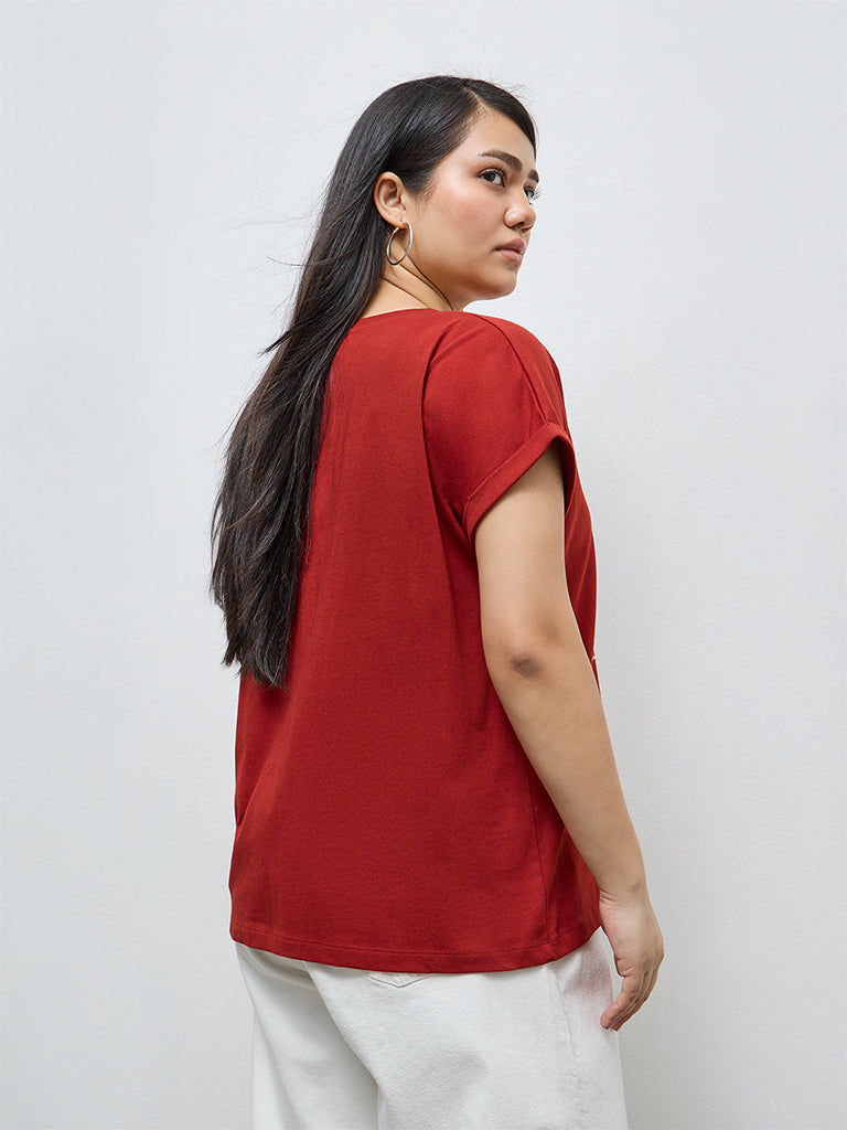 Gia Red Floral Design Cotton T-Shirt