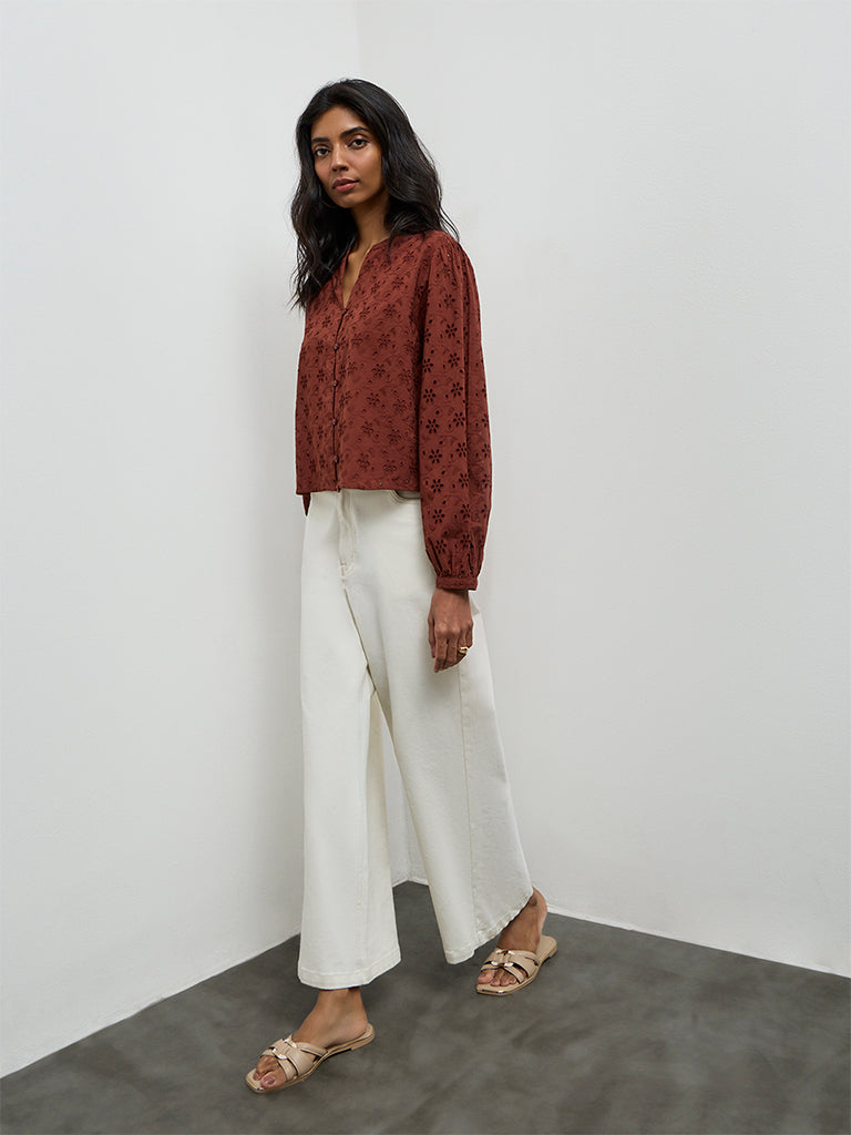 LOV Rust Schiffli-Detailed Cotton Blouse