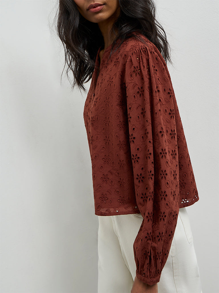 LOV Rust Schiffli-Detailed Cotton Blouse