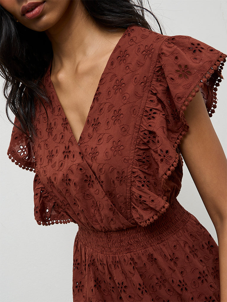 LOV Brown Schiffli-Detailed A-Line Dress