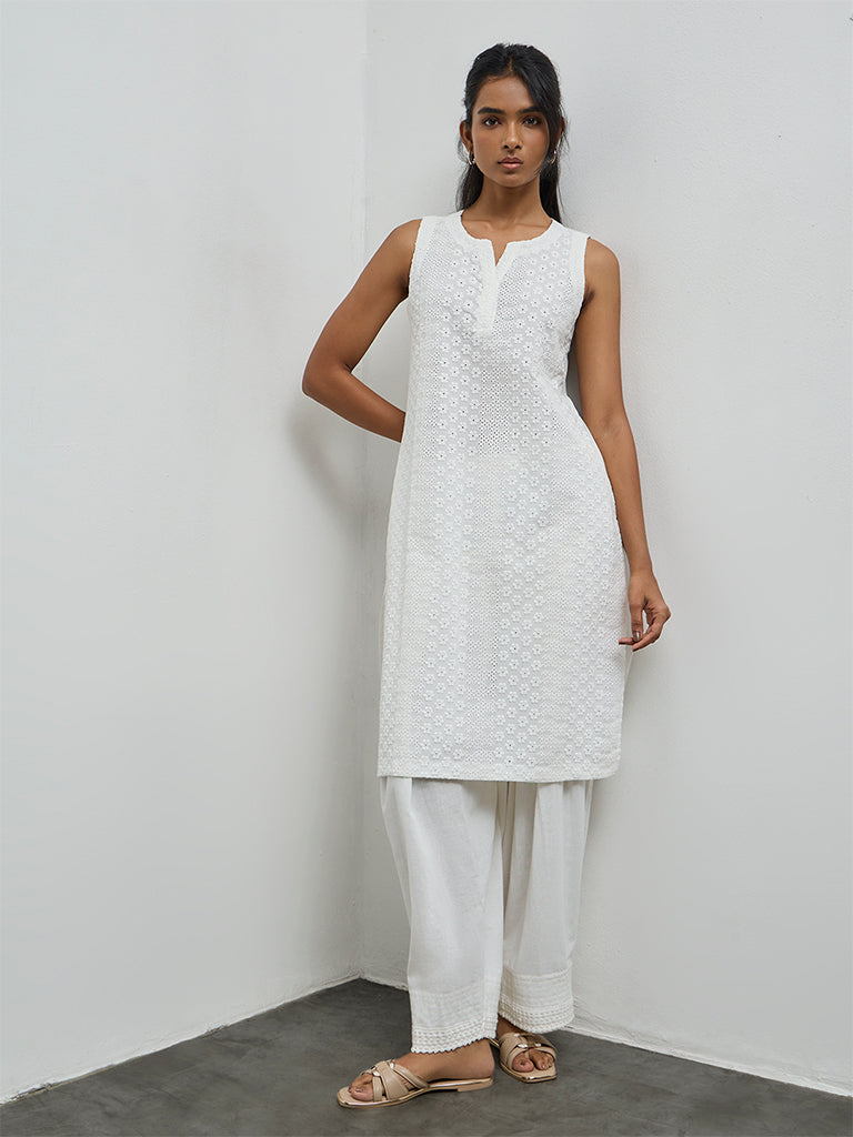 Utsa White Floral Embroidered Cotton Straight Kurta
