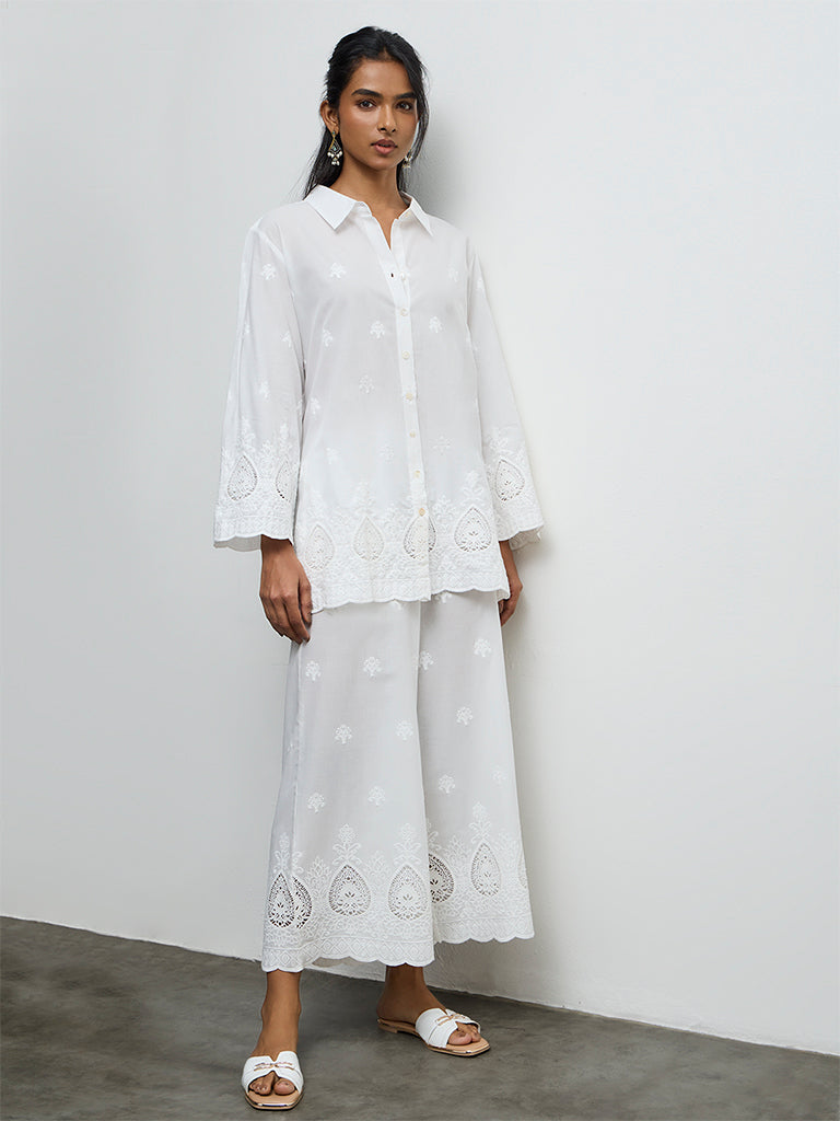 Utsa White Embroidered Cotton Palazzos