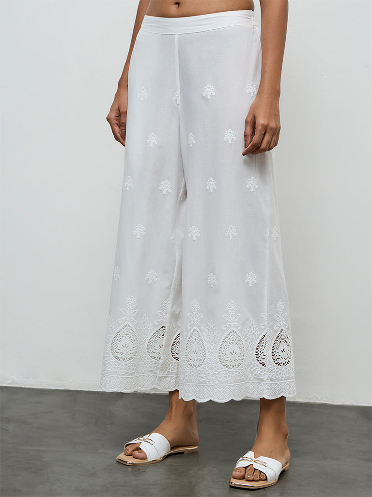 Utsa White Embroidered Cotton Palazzos