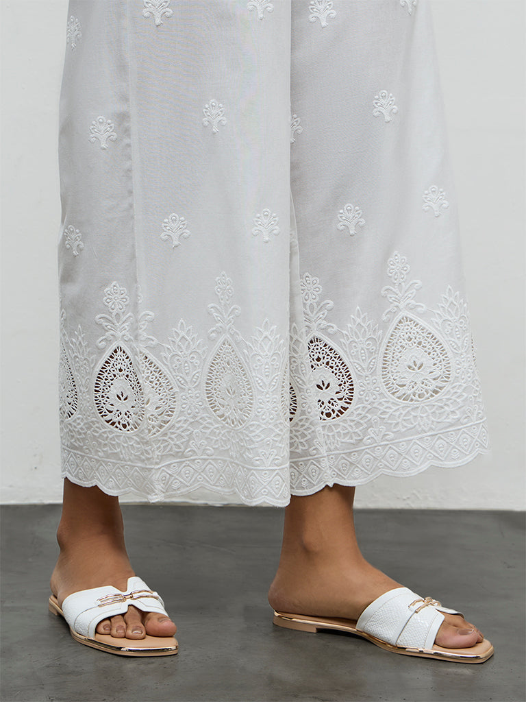 Utsa White Embroidered Cotton Palazzos