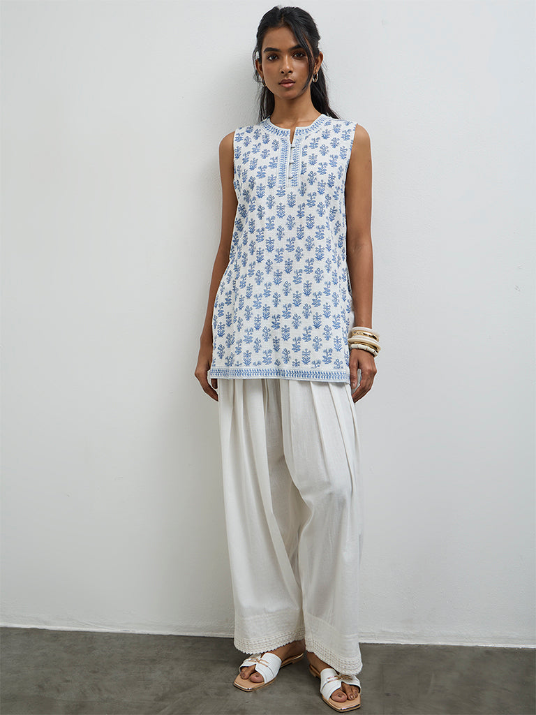 Utsa White Embroidered Cotton-Blend Pants