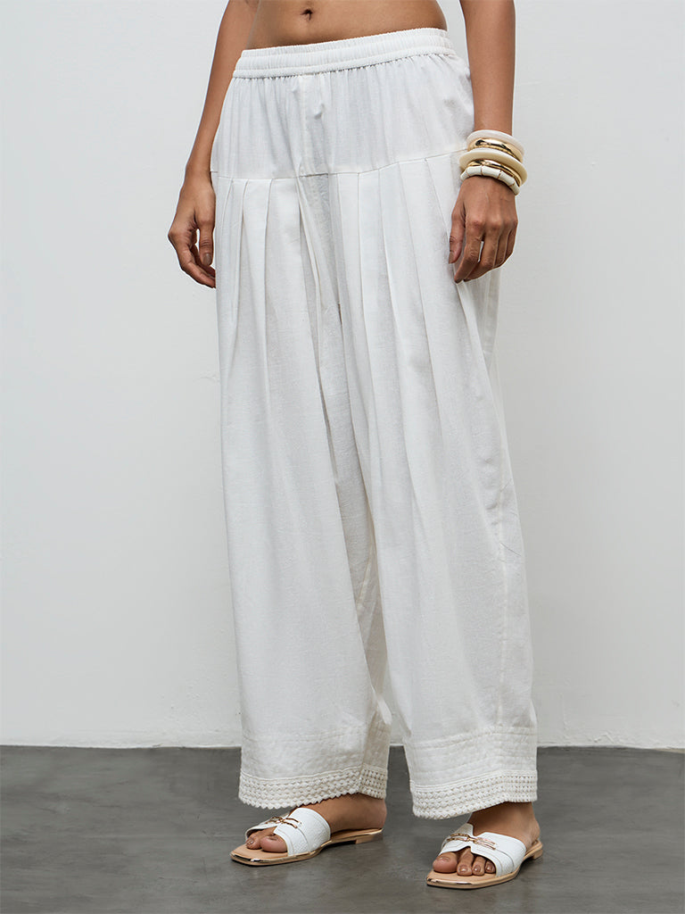 Utsa White Embroidered Cotton-Blend Pants