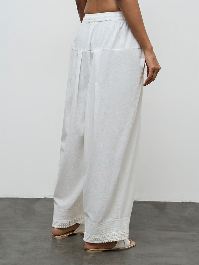 Utsa White Embroidered Cotton-Blend Pants
