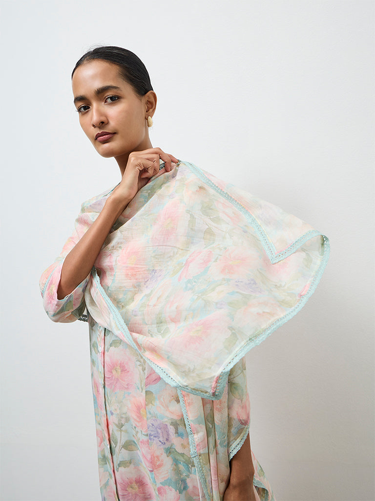 Zuba Aqua Floral Printed Silk-Blend Cotton-Blend Dupatta