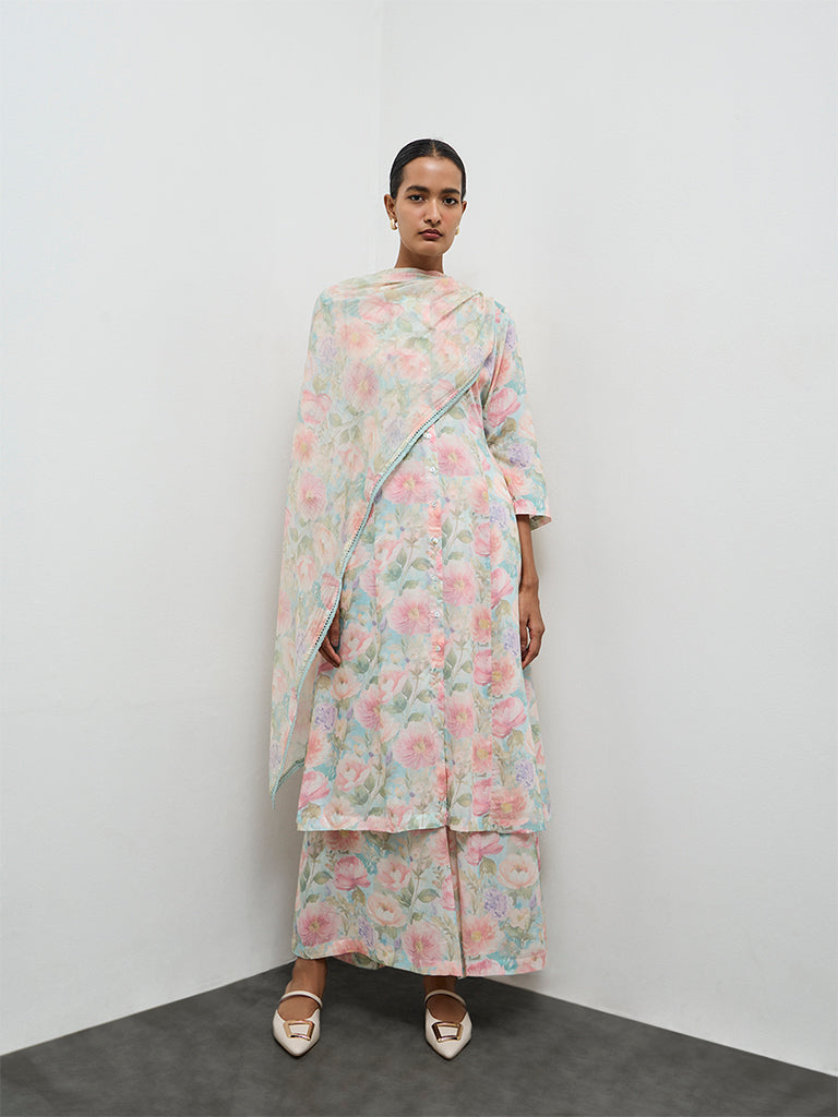 Zuba Aqua Floral Printed Silk-Blend Cotton-Blend Dupatta