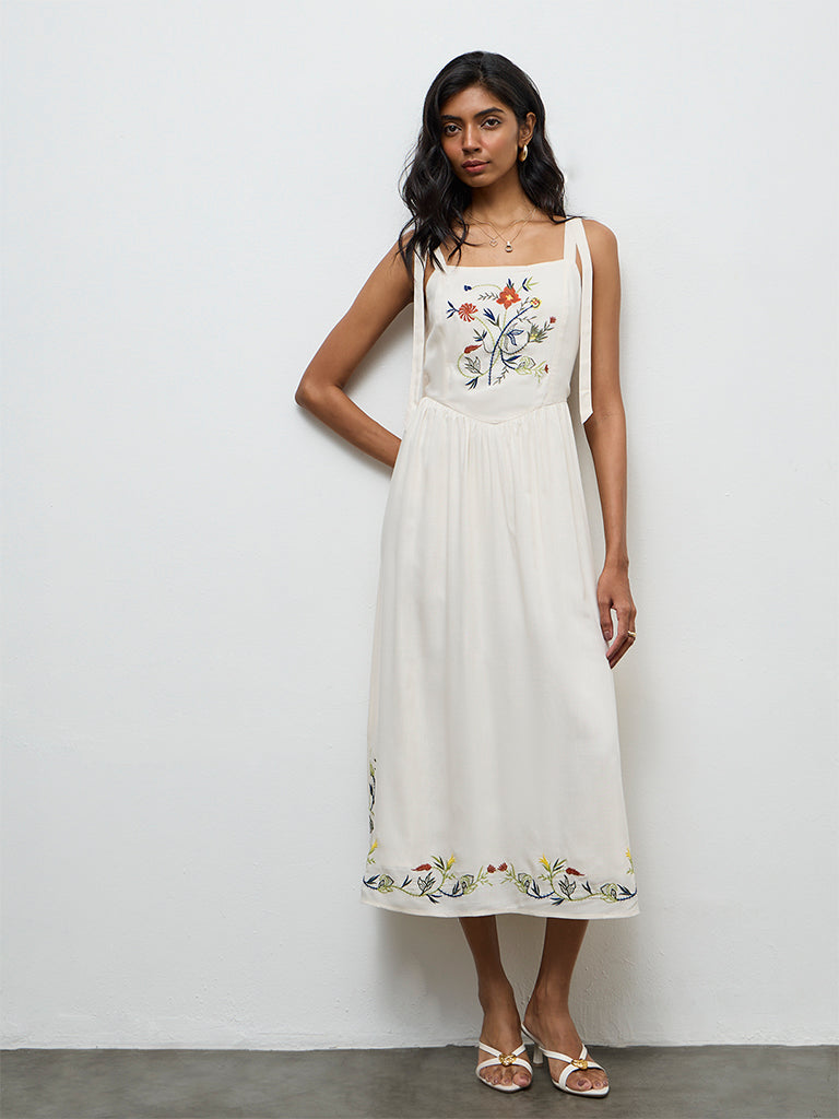 LOV Off-White Floral Embroidered A-Line Dress