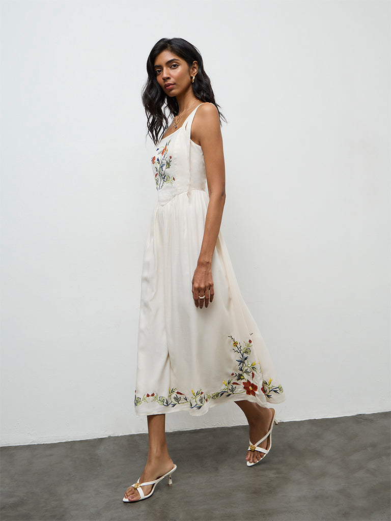 LOV Off-White Floral Embroidered A-Line Dress