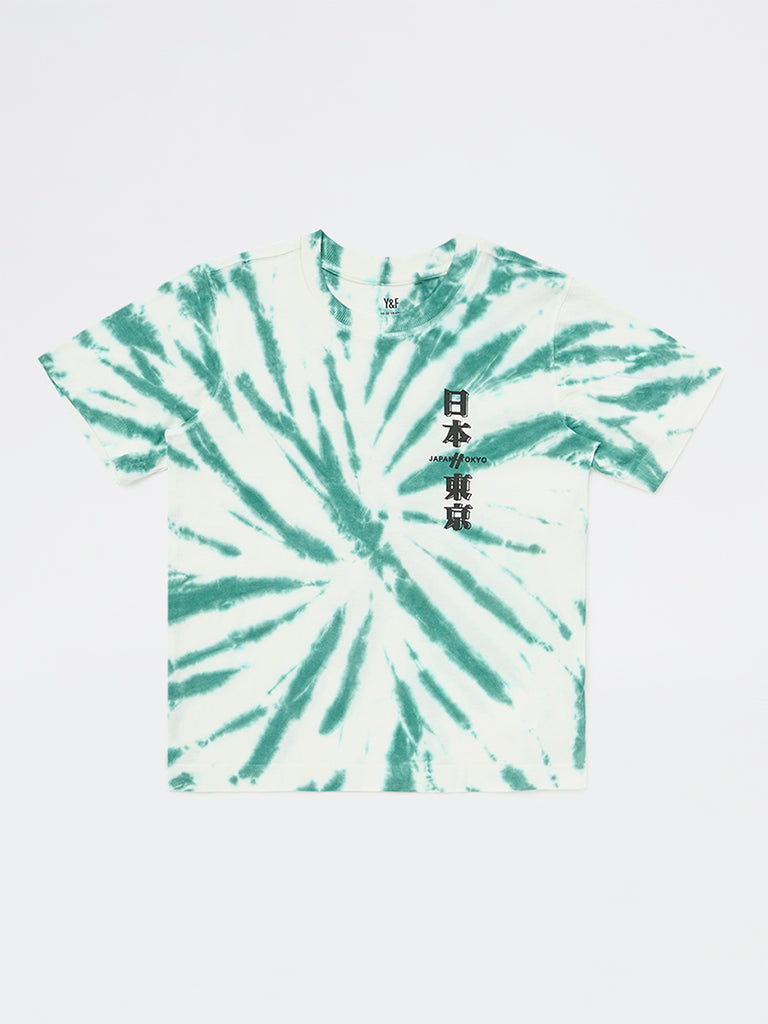 Y&F Kids Boys Green Tie-Dye Printed Cotton T-Shirt