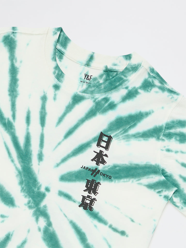 Y&F Kids Boys Green Tie-Dye Printed Cotton T-Shirt