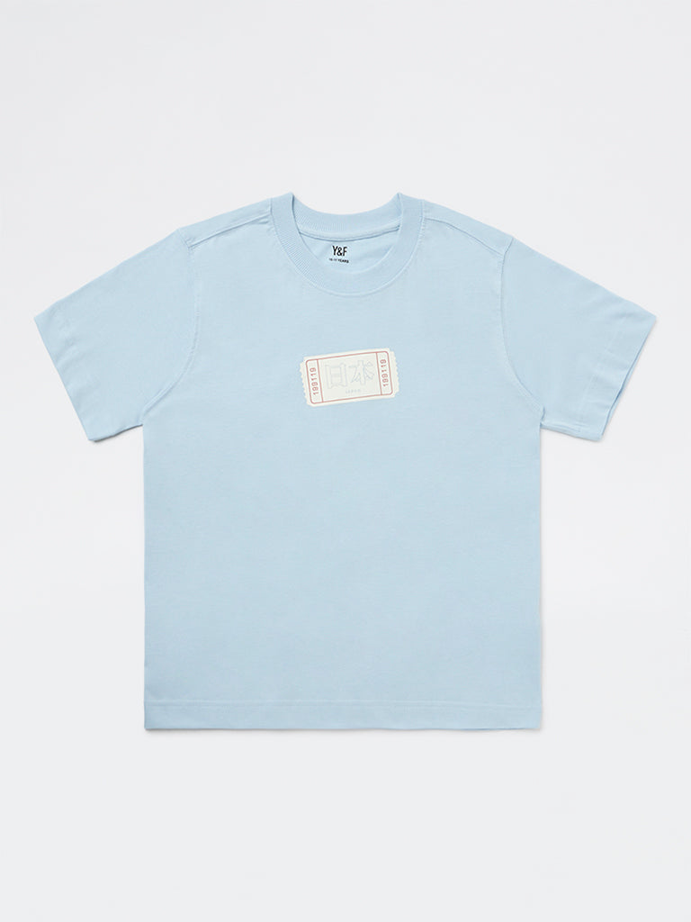 Y&F Kids Boys Light Blue Printed Cotton T-Shirt