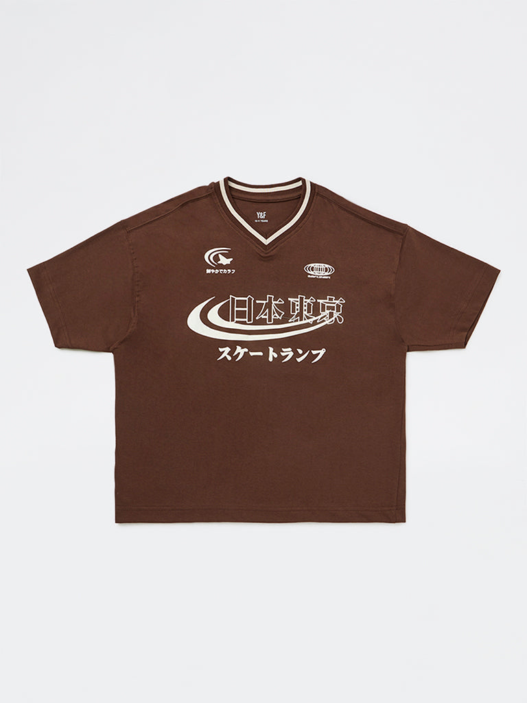 Y&F Kids Boys Dark Brown Printed Cotton T-Shirt