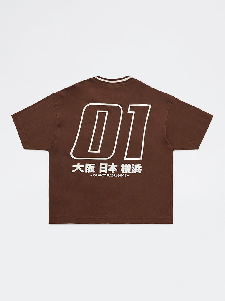 Y&F Kids Boys Dark Brown Printed Cotton T-Shirt