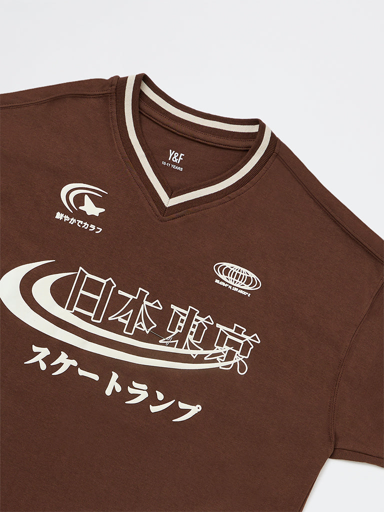 Y&F Kids Boys Dark Brown Printed Cotton T-Shirt